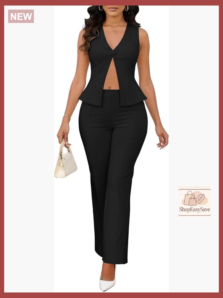 Womens 2 Piece Pant Suit Backless Vest Blazer Straight Leg Pantsuit Business